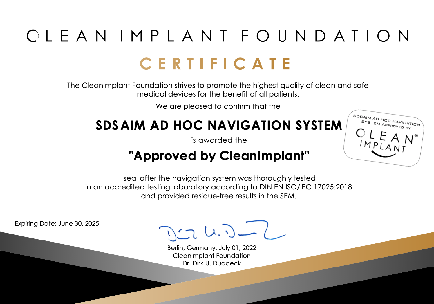Approved by CleanImplant certificate: SDS AIM