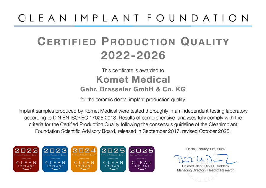 Certified Production Quality certificate: Komet Medical