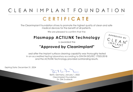 Approved by CleanImplant certificate: Plasmapp