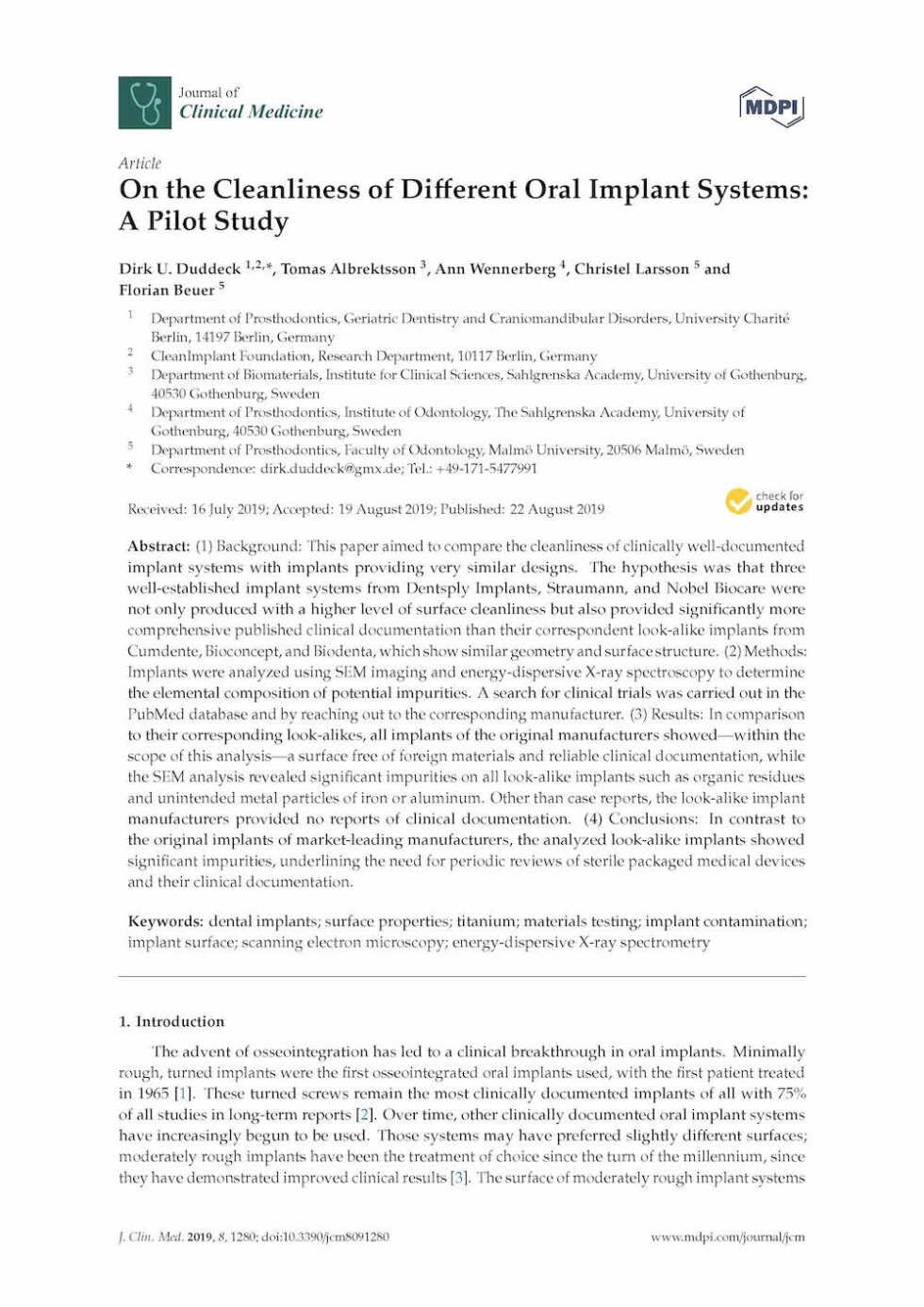 On the Cleanliness of Different Oral Implant Systems – A Pilot Study