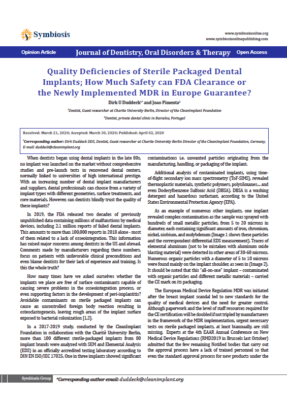 Quality Deficiencies of Sterile Packaged Dental Implants
