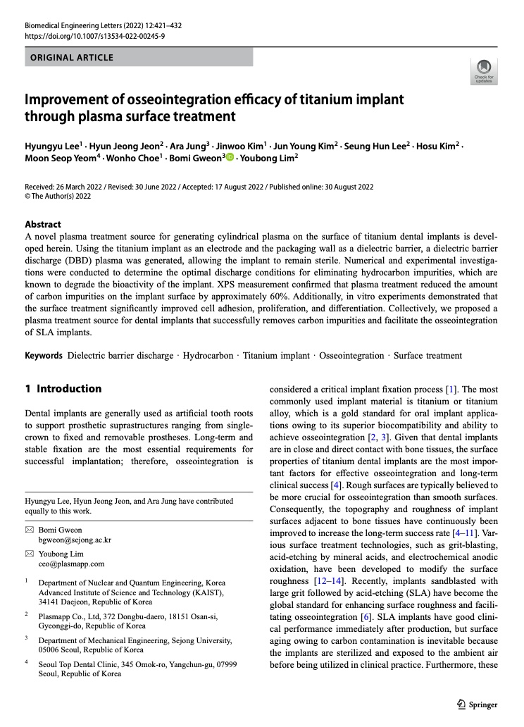 Improvement of osseointegration efficacy of titanium implant through plasma surface treatment