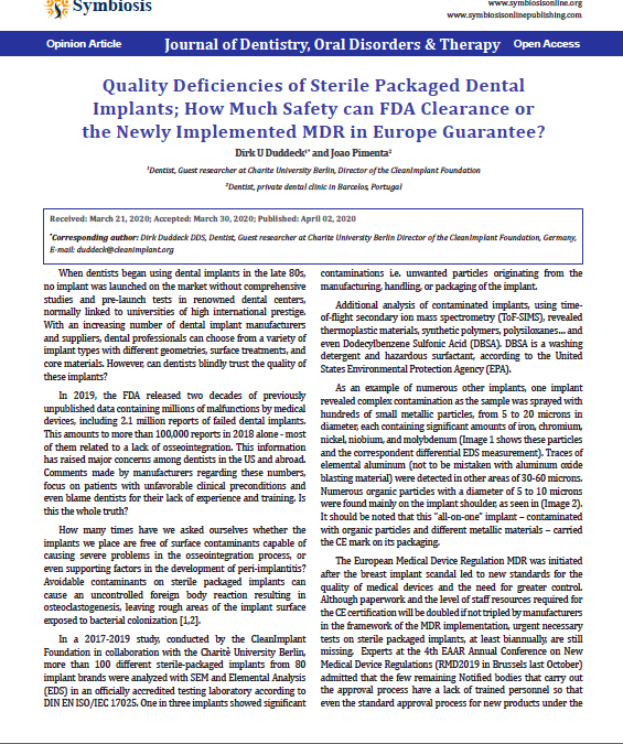 Quality Deficiencies of Sterile Packaged Dental Implants 